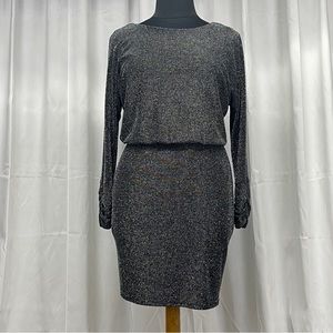 14P Jessica Howard Silver Black Long Sleeve Evening LBD Stretch Ruched Sleeve